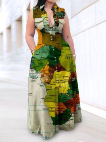 Plus Size Geo Print Short Sleeve Maxi Dress With Pocket; Women's Plus Deep V Neck Casual Long Dress (Color: Multicolor, size: L)