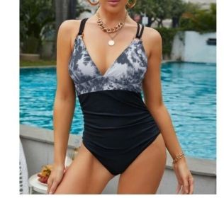 One Piece Swimsuit Tummy Control V Neck Bathing Suits (Color: Black, size: S)