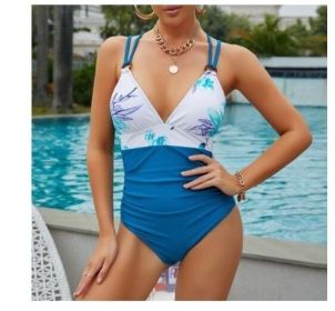 One Piece Swimsuit Tummy Control V Neck Bathing Suits (Color: Blue, size: L)