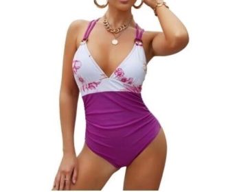 One Piece Swimsuit Tummy Control V Neck Bathing Suits (Color: purple, size: 2XL)