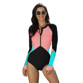 Womens Long Sleeve Shirt Color Block Print Tankini Swimsuit (Color: Pink, size: US-L)