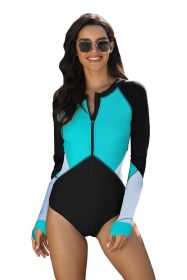 Womens Long Sleeve Shirt Color Block Print Tankini Swimsuit (Color: Green, size: US-L)