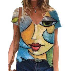 V Neck Tshirt Women's Summer Casual Oversize Print Shirt Tops Loose Vintage Female Tee Short Sleeve Clothes (Color: 10d-1001, size: XL)