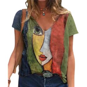V Neck Tshirt Women's Summer Casual Oversize Print Shirt Tops Loose Vintage Female Tee Short Sleeve Clothes (Color: 10d-1002, size: XXXL)