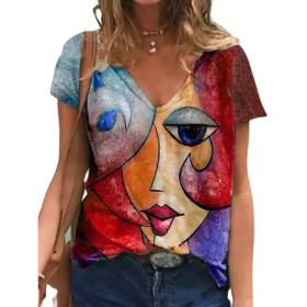V Neck Tshirt Women's Summer Casual Oversize Print Shirt Tops Loose Vintage Female Tee Short Sleeve Clothes (Color: 10d-1003, size: 5XL)