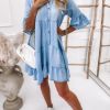 A-Line Midi Denim Dress; Ruffled Hem Denim Skirt; Casual Loose Dress