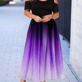 Plus Size Ombre Print Cold Shoulder Maxi Dress; Women's Plus Slight Stretch Elegant Short Sleeve Long Prom Dress (Color: Violets, size: 2XL(16))