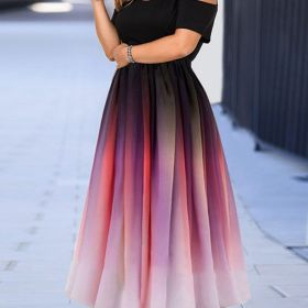 Plus Size Ombre Print Cold Shoulder Maxi Dress; Women's Plus Slight Stretch Elegant Short Sleeve Long Prom Dress (Color: Rose Color, size: 1XL(14))