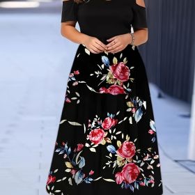 Plus Size Ombre Print Cold Shoulder Maxi Dress; Women's Plus Slight Stretch Elegant Short Sleeve Long Prom Dress (Color: Multicolor, size: 2XL(16))
