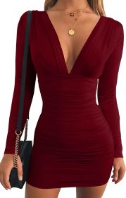 Women's Sexy Long Sleeve V Neck Ruched Bodycon Mini Party Cocktail Dress (Color: wine red, size: X-Large)