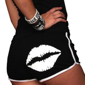 Summer new women's lips print contrast color edging slim sports casual yoga shorts (Color: Blue, size: XL)